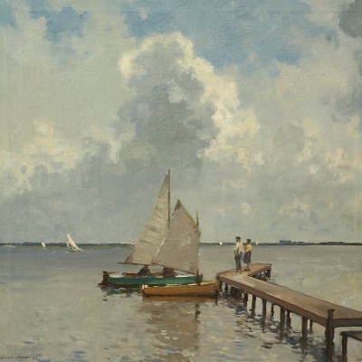 Cornelis Vreedenburgh (Woerden 1880-1946 Laren), gesign. l.o. en 1933, Loosdrechtse plassen met steiger, doek 50 x 50